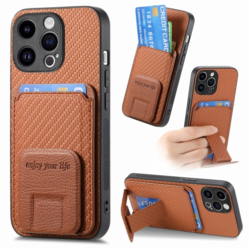 

For iPhone 15 Pro Carbon Fiber Card Bag Fold Stand Phone Case(Brown)