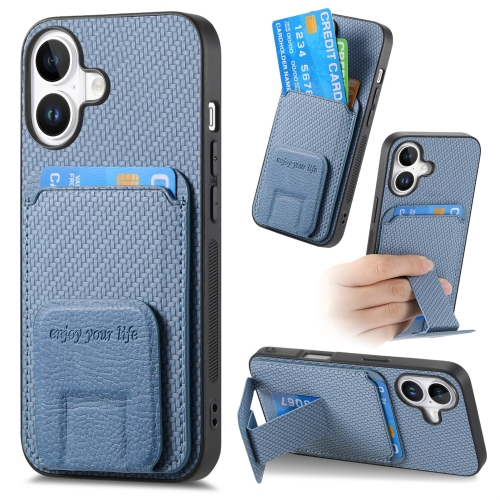 

For iPhone 16 Carbon Fiber Card Bag Fold Stand Phone Case(Blue)