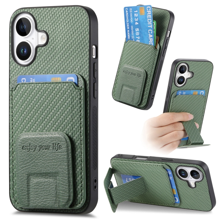 

For iPhone 16 Carbon Fiber Card Bag Fold Stand Phone Case(Green)