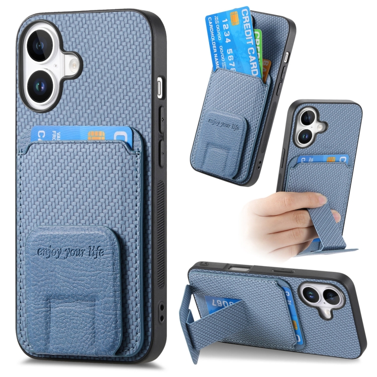 

For iPhone 16 Plus Carbon Fiber Card Bag Fold Stand Phone Case(Blue)