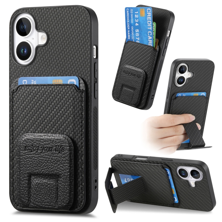 

For iPhone 16 Plus Carbon Fiber Card Bag Fold Stand Phone Case(Black)