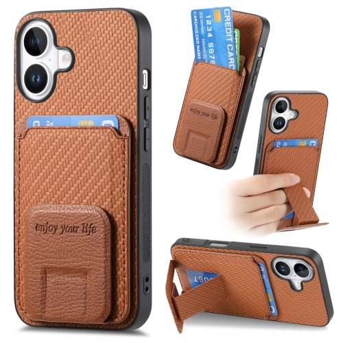 

For iPhone 16 Plus Carbon Fiber Card Bag Fold Stand Phone Case(Brown)