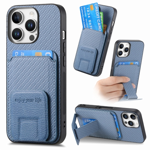 

For iPhone 16 Pro Carbon Fiber Card Bag Fold Stand Phone Case(Blue)