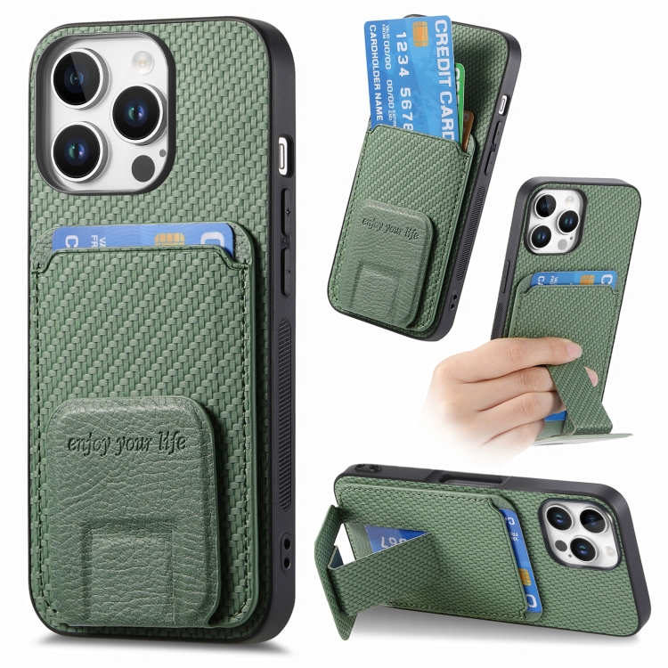 

For iPhone 16 Pro Carbon Fiber Card Bag Fold Stand Phone Case(Green)