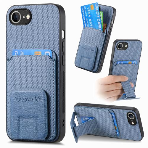 

For iPhone 16e Carbon Fiber Card Bag Fold Stand Phone Case(Blue)