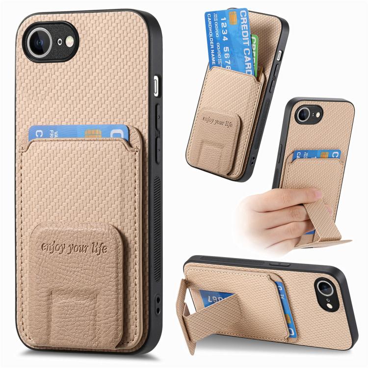 

For iPhone 16e Carbon Fiber Card Bag Fold Stand Phone Case(Khaki)