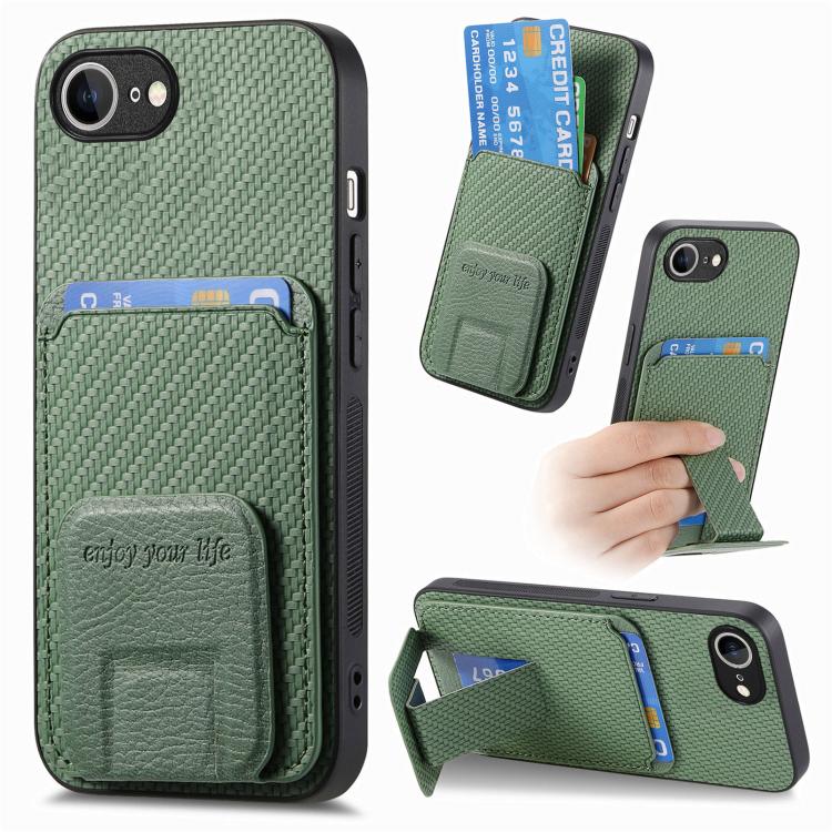 

For iPhone 16e Carbon Fiber Card Bag Fold Stand Phone Case(Green)