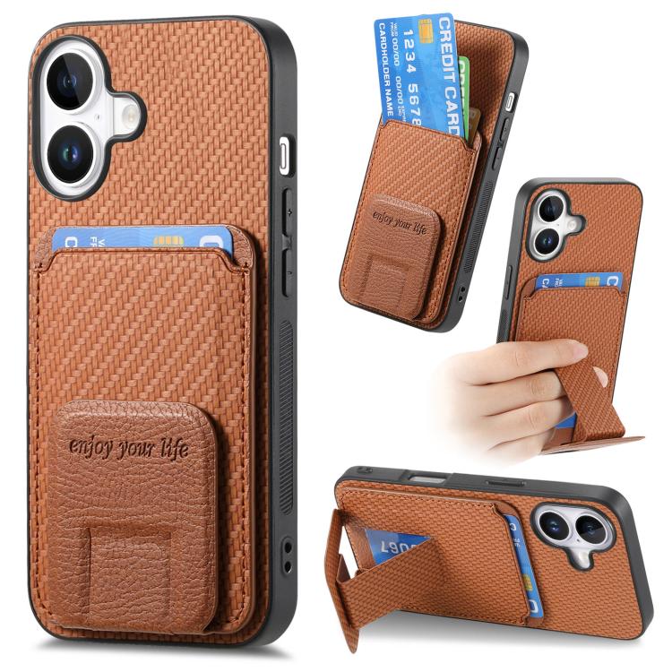

For iPhone 17 Carbon Fiber Card Bag Fold Stand Phone Case(Brown)
