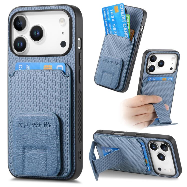 

For iPhone 17 Pro Max Carbon Fiber Card Bag Fold Stand Phone Case(Blue)