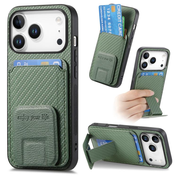 

For iPhone 17 Pro Max Carbon Fiber Card Bag Fold Stand Phone Case(Green)