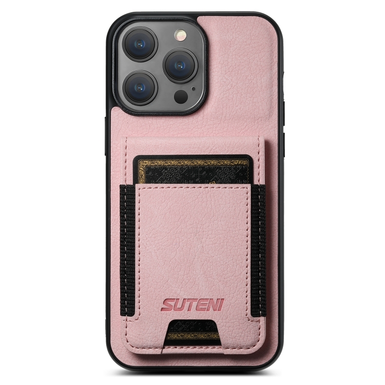 

For iPhone 15 Pro Max Suteni H03 Litchi Leather Card Bag Stand Back Phone Case(Pink)