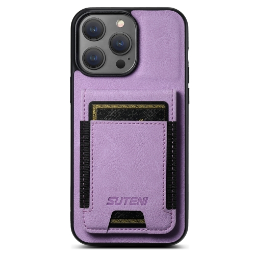 

For iPhone 15 Pro Max Suteni H03 Litchi Leather Card Bag Stand Back Phone Case(Purple)