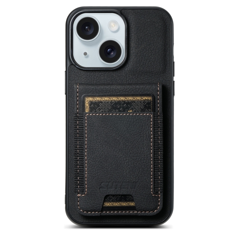 

For iPhone 15 Plus Suteni H03 Litchi Leather Card Bag Stand Back Phone Case(Black)