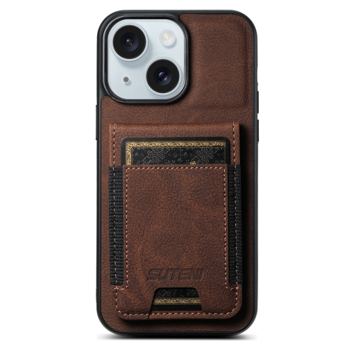 

For iPhone 15 Plus Suteni H03 Litchi Leather Card Bag Stand Back Phone Case(Brown)