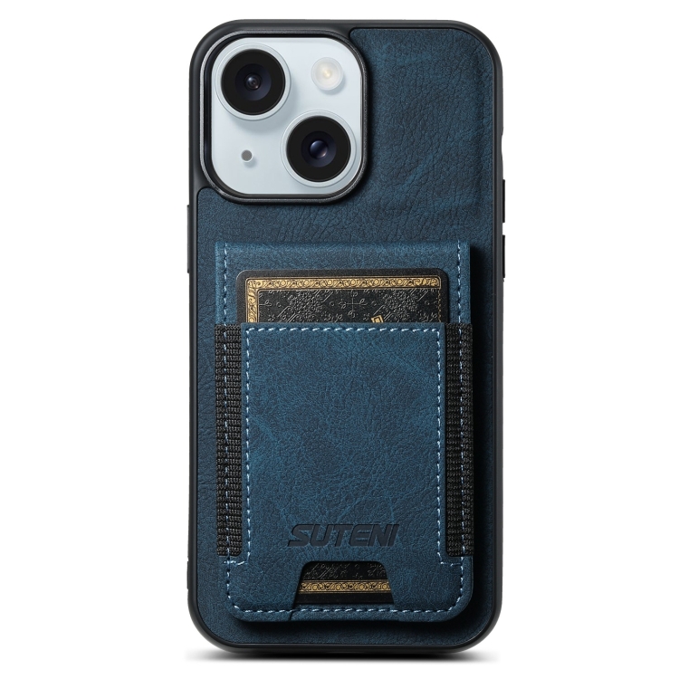 

For iPhone 15 Suteni H03 Litchi Leather Card Bag Stand Back Phone Case(Blue)