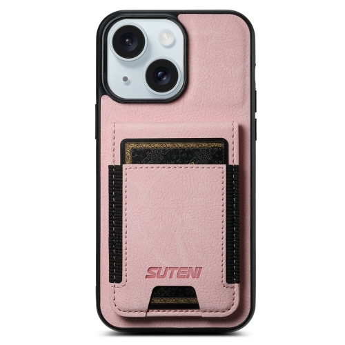 

For iPhone 15 Suteni H03 Litchi Leather Card Bag Stand Back Phone Case(Pink)