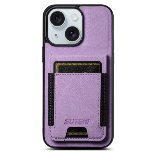 

For iPhone 15 Suteni H03 Litchi Leather Card Bag Stand Back Phone Case(Purple)