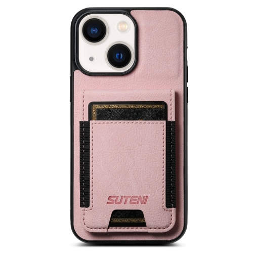 

For iPhone 14 Plus Suteni H03 Litchi Leather Card Bag Stand Back Phone Case(Pink)