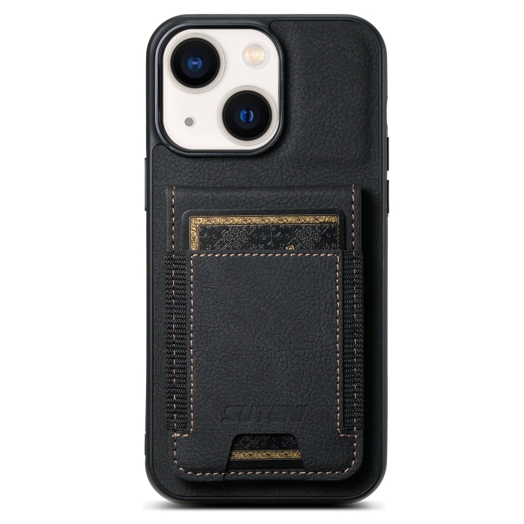 

For iPhone 14 Suteni H03 Litchi Leather Card Bag Stand Back Phone Case(Black)