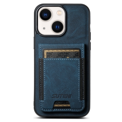 

For iPhone 14 Suteni H03 Litchi Leather Card Bag Stand Back Phone Case(Blue)