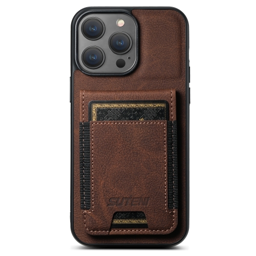 

For iPhone 13 Pro Max Suteni H03 Litchi Leather Card Bag Stand Back Phone Case(Brown)