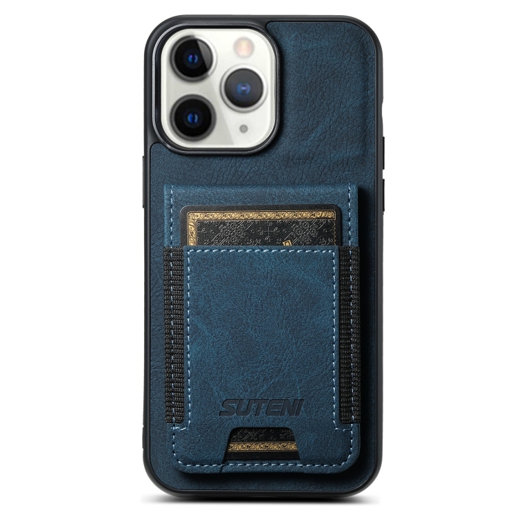 

For iPhone 11 Pro Suteni H03 Litchi Leather Card Bag Stand Back Phone Case(Blue)