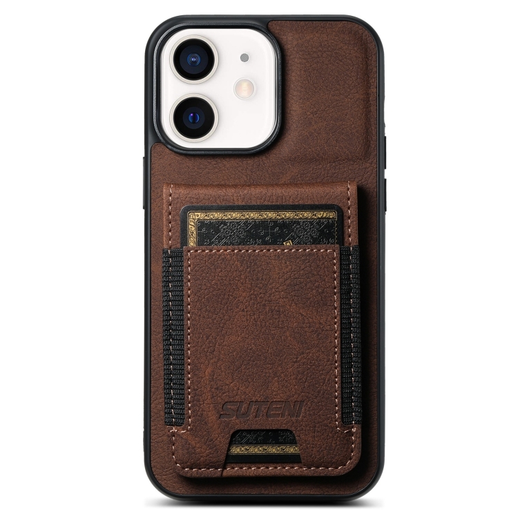 

For iPhone 12 / 12 Pro Suteni H03 Litchi Leather Card Bag Stand Back Phone Case(Brown)