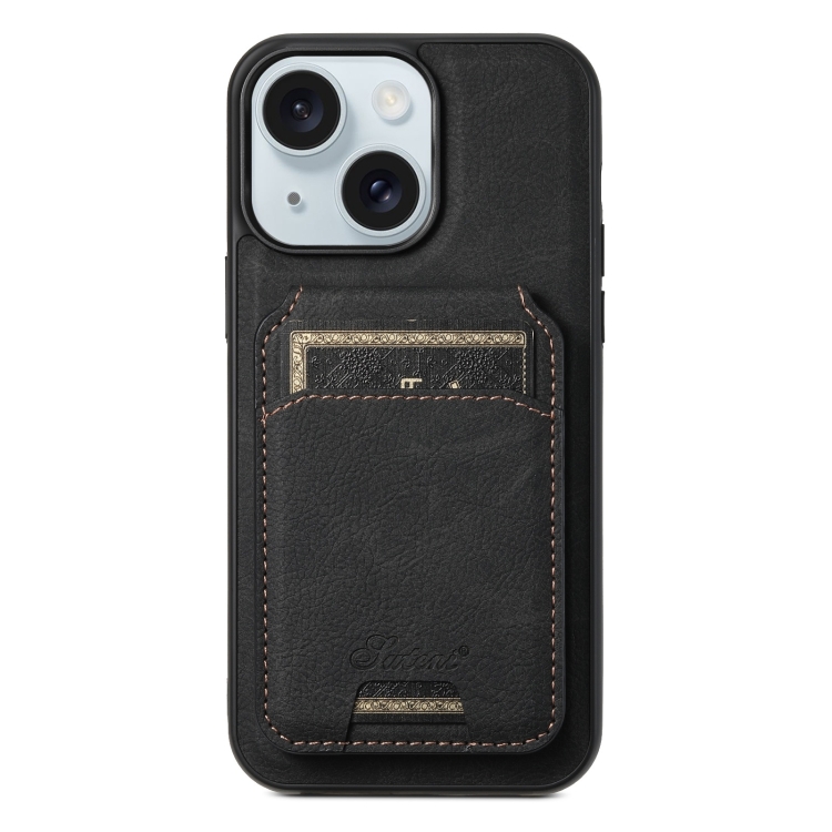 

For iPhone 15 Suteni H17 Litchi Texture Leather MagSafe Detachable Wallet Phone Case(Black)