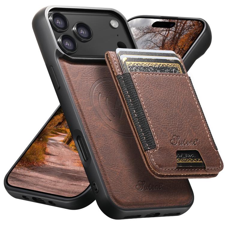 For iPhone 18 Pro Max Suteni H17 Litchi Texture Leather MagSafe Detachable Wallet Phone Case(Brown)
