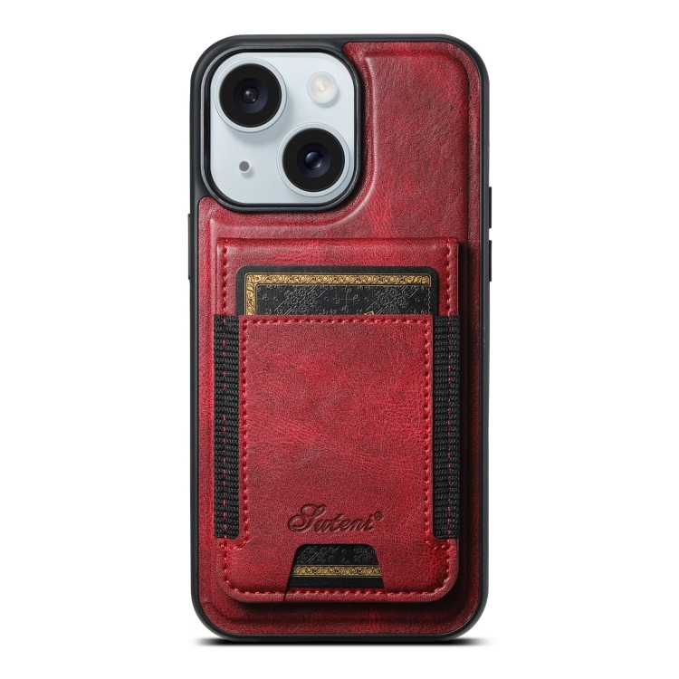 

For iPhone 15 Suteni H17 Oil Eax Leather MagSafe Detachable Wallet Phone Case(Red)
