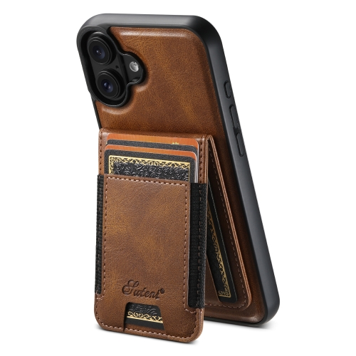 

For iPhone 16 Suteni H17 Oil Eax Leather MagSafe Detachable Wallet Phone Case(Brown)