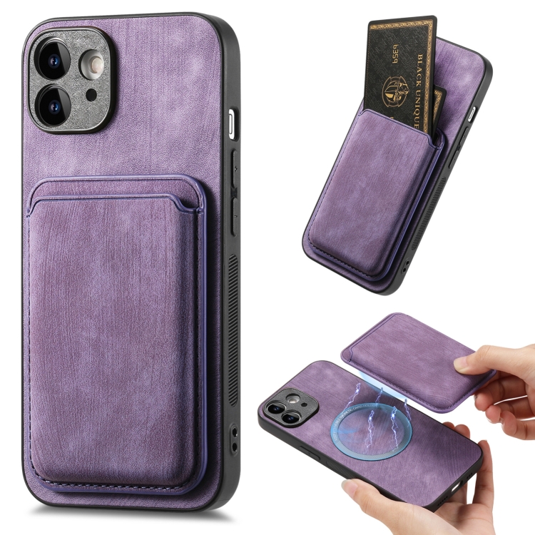 

For iPhone 12 Retro Leather Card Bag Magnetic Phone Case(Purple)