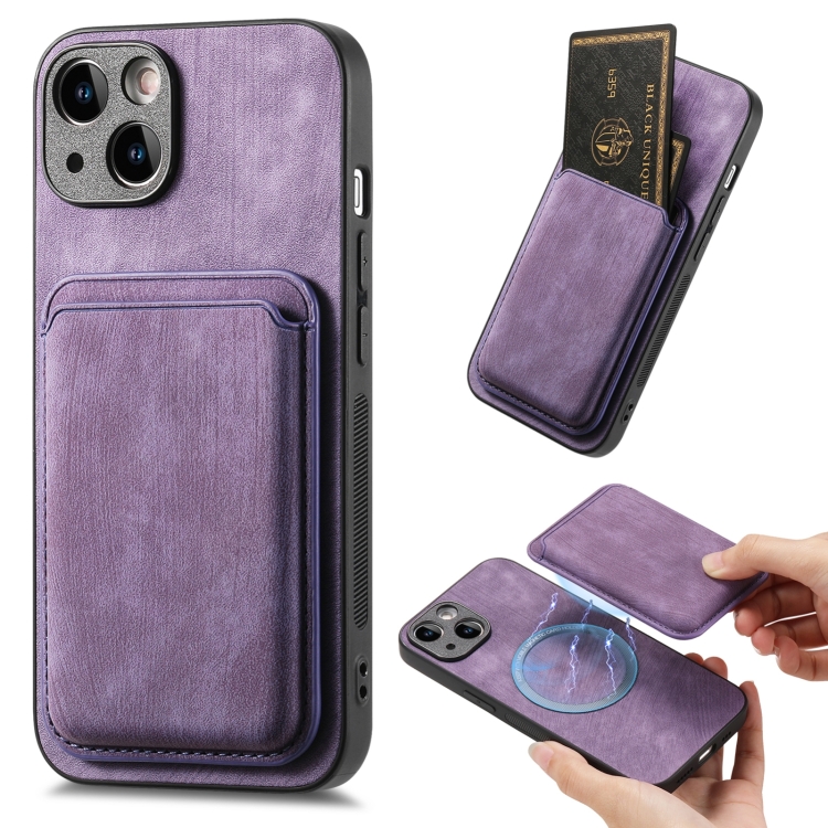 

For iPhone 15 Retro Leather Card Bag Magnetic Phone Case(Purple)