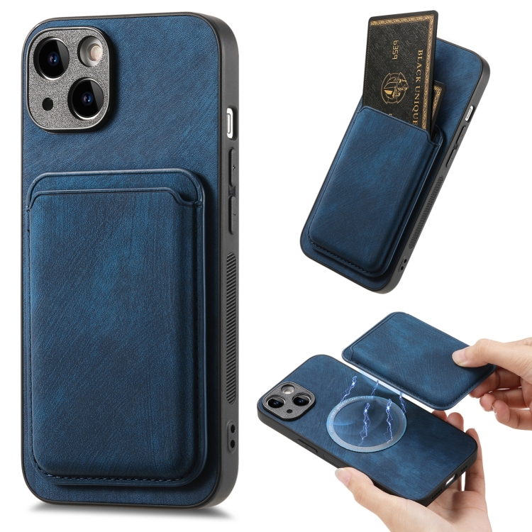 

For iPhone 15 Plus Retro Leather Card Bag Magnetic Phone Case(Blue)