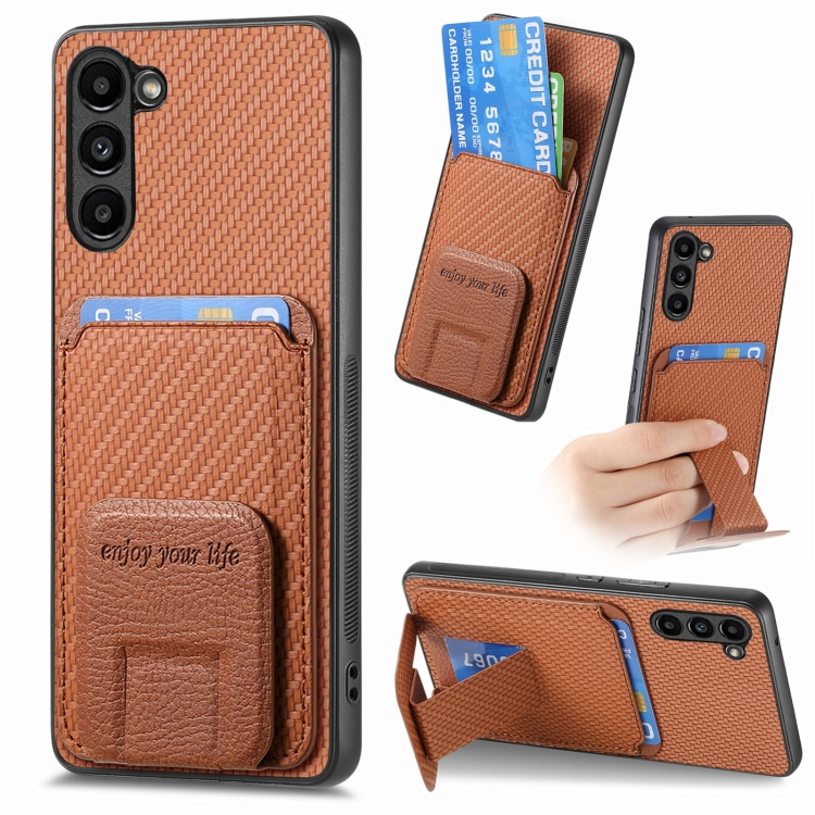 

For Samsung Galaxy S24 5G Carbon Fiber Card Bag Fold Stand Phone Case(Brown)