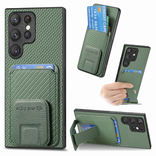 For Samsung Galaxy S23 Ultra 5G Carbon Fiber Card Bag Fold Stand Phone Case(Green)