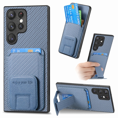 

For Samsung Galaxy S22 Ultra 5G Carbon Fiber Card Bag Fold Stand Phone Case(Blue)