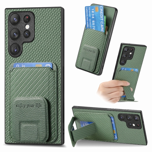 

For Samsung Galaxy S22 Ultra 5G Carbon Fiber Card Bag Fold Stand Phone Case(Green)
