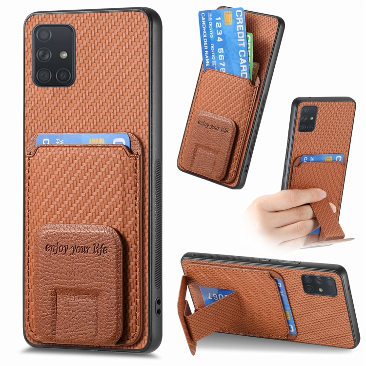 

For Samsung Galaxy A51 5G Carbon Fiber Card Bag Fold Stand Phone Case(Brown)