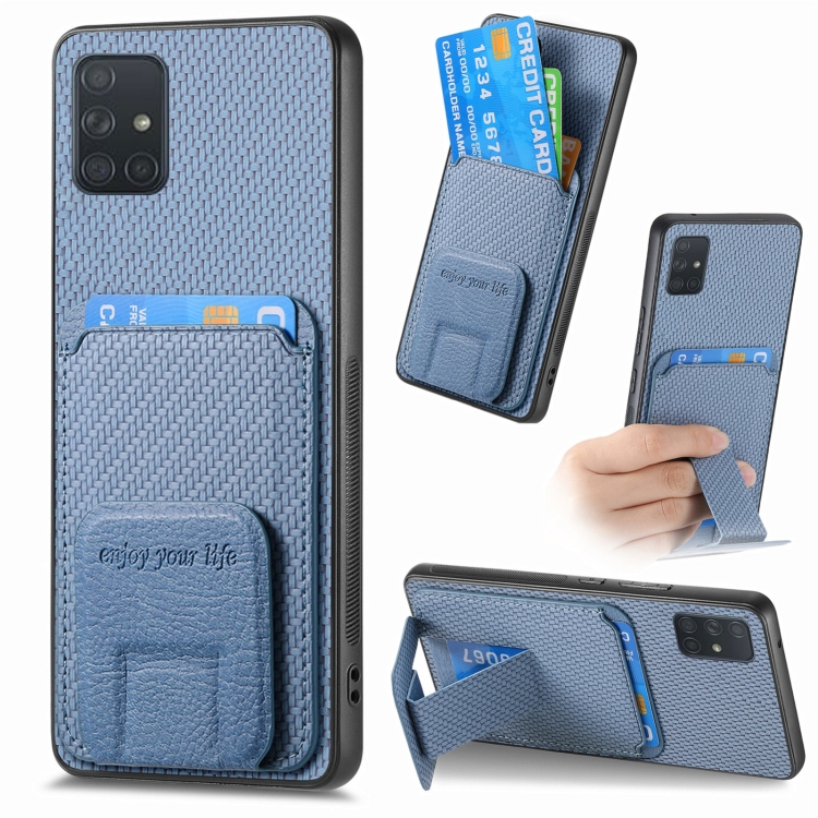For Samsung Galaxy A51 Carbon Fiber Card Bag Fold Stand Phone