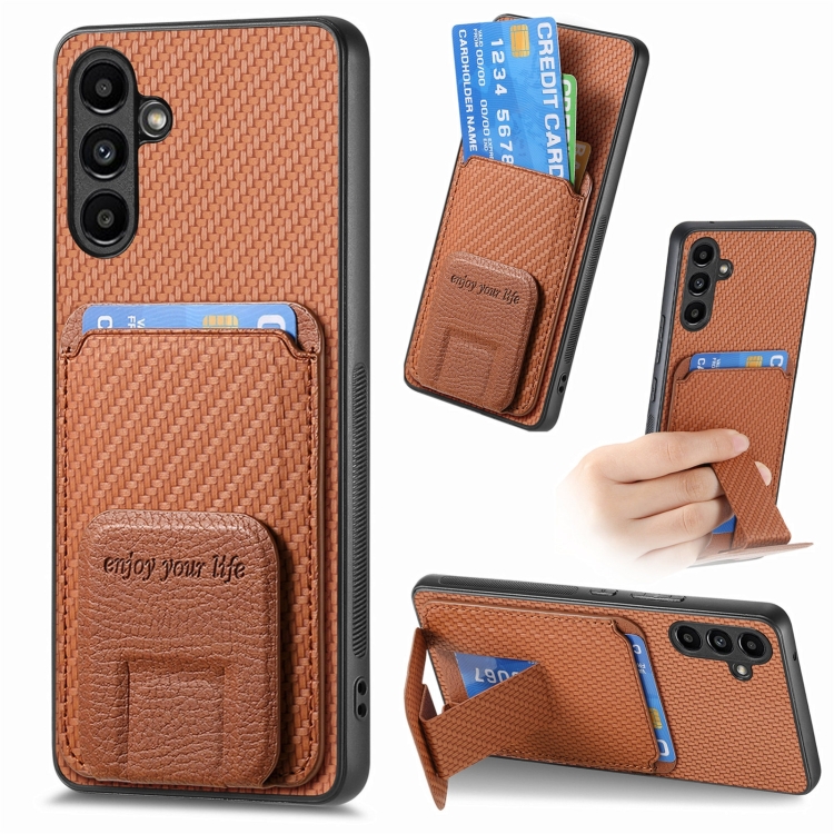 

For Samsung Galaxy A34 5G Carbon Fiber Card Bag Fold Stand Phone Case(Brown)