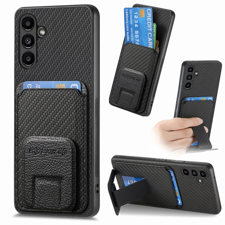

For Samsung Galaxy A05s Carbon Fiber Card Bag Fold Stand Phone Case(Black)