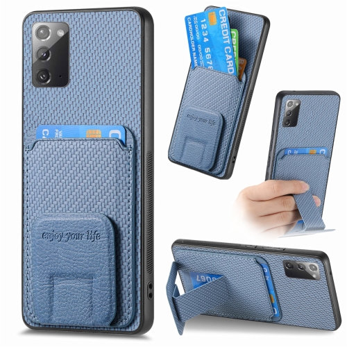 

For Samsung Galaxy Note20 Carbon Fiber Card Bag Fold Stand Phone Case(Blue)