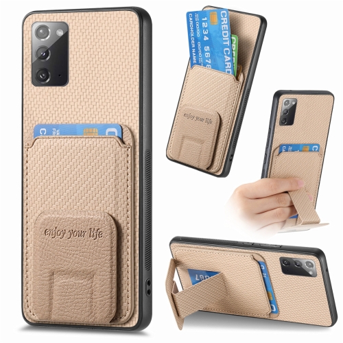 For Samsung Galaxy Note20 Carbon Fiber Card Bag Fold Stand Phone Case(Khaki) for vivo x100 pro denim texture flip leather phone case khaki