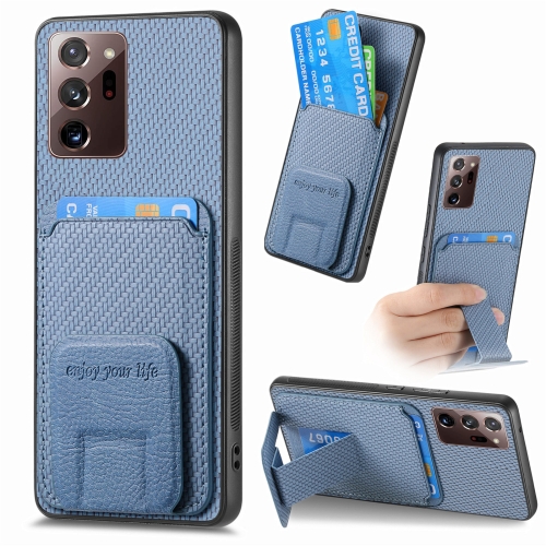 

For Samsung Galaxy Note20 Ultra Carbon Fiber Card Bag Fold Stand Phone Case(Blue)