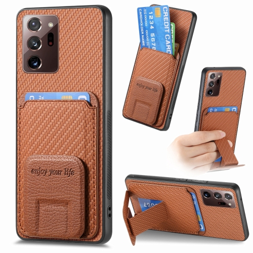 

For Samsung Galaxy Note20 Ultra Carbon Fiber Card Bag Fold Stand Phone Case(Brown)