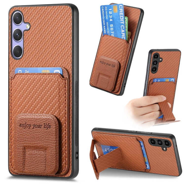 

For Samsung Galaxy S25+ 5G Carbon Fiber Card Bag Fold Stand Phone Case(Brown)