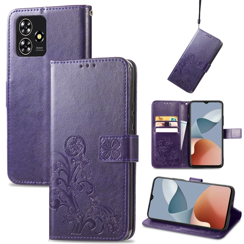 

For ZTE Blade A73 4G Four-leaf Clasp Embossed Leather Phone Case(Purple)