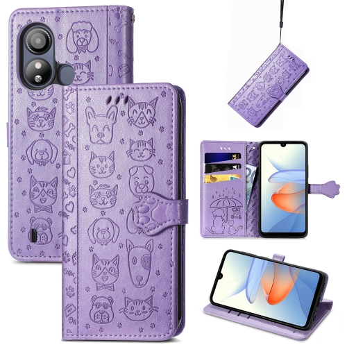 

For ZTE Blade L220 Cat and Dog Embossed Leather Phone Case(Purple)