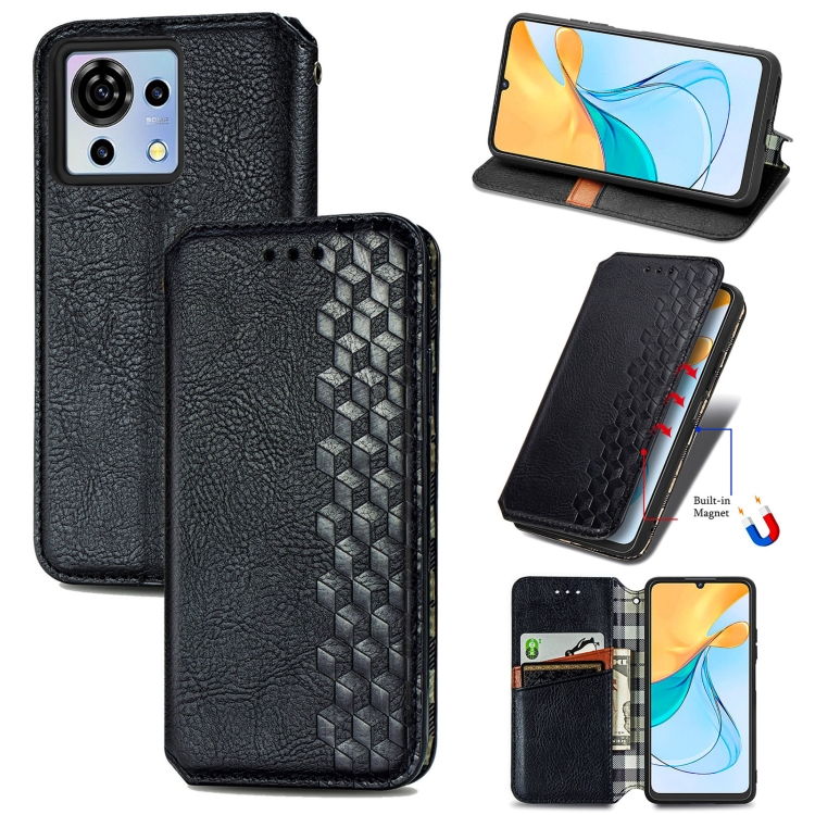 For ZTE Blade V50 Vita Cubic Grid Pressed Magnetic Leather